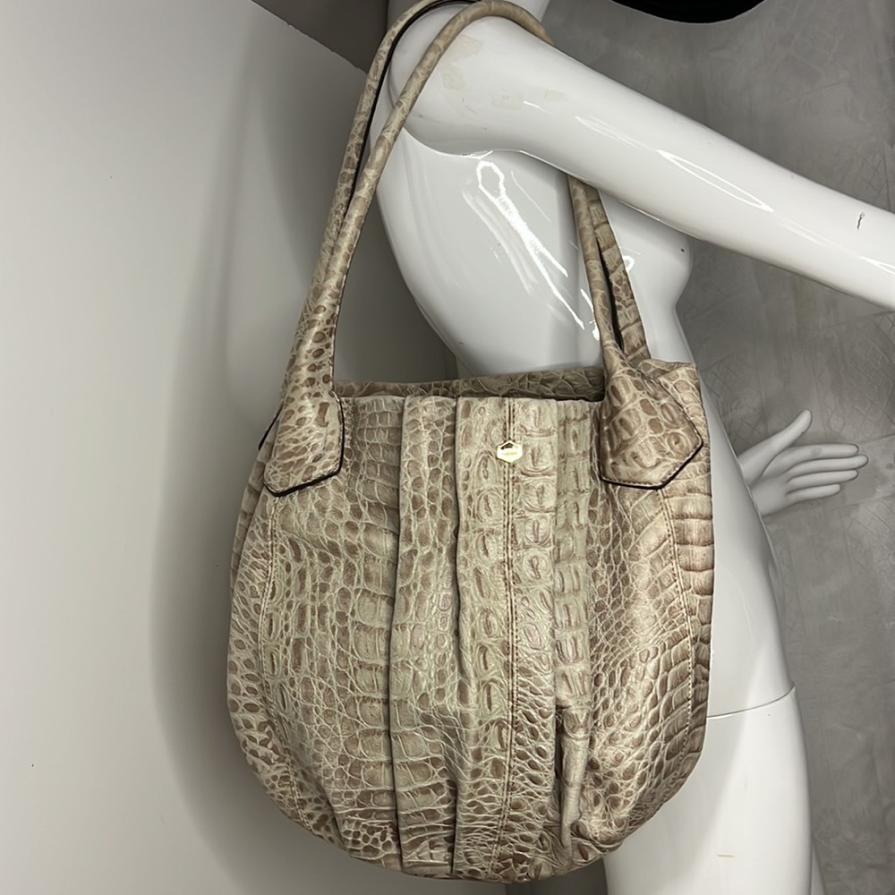 Lodis Croc Embossed Gray Beige Double Handle Tote Shoulder Bag